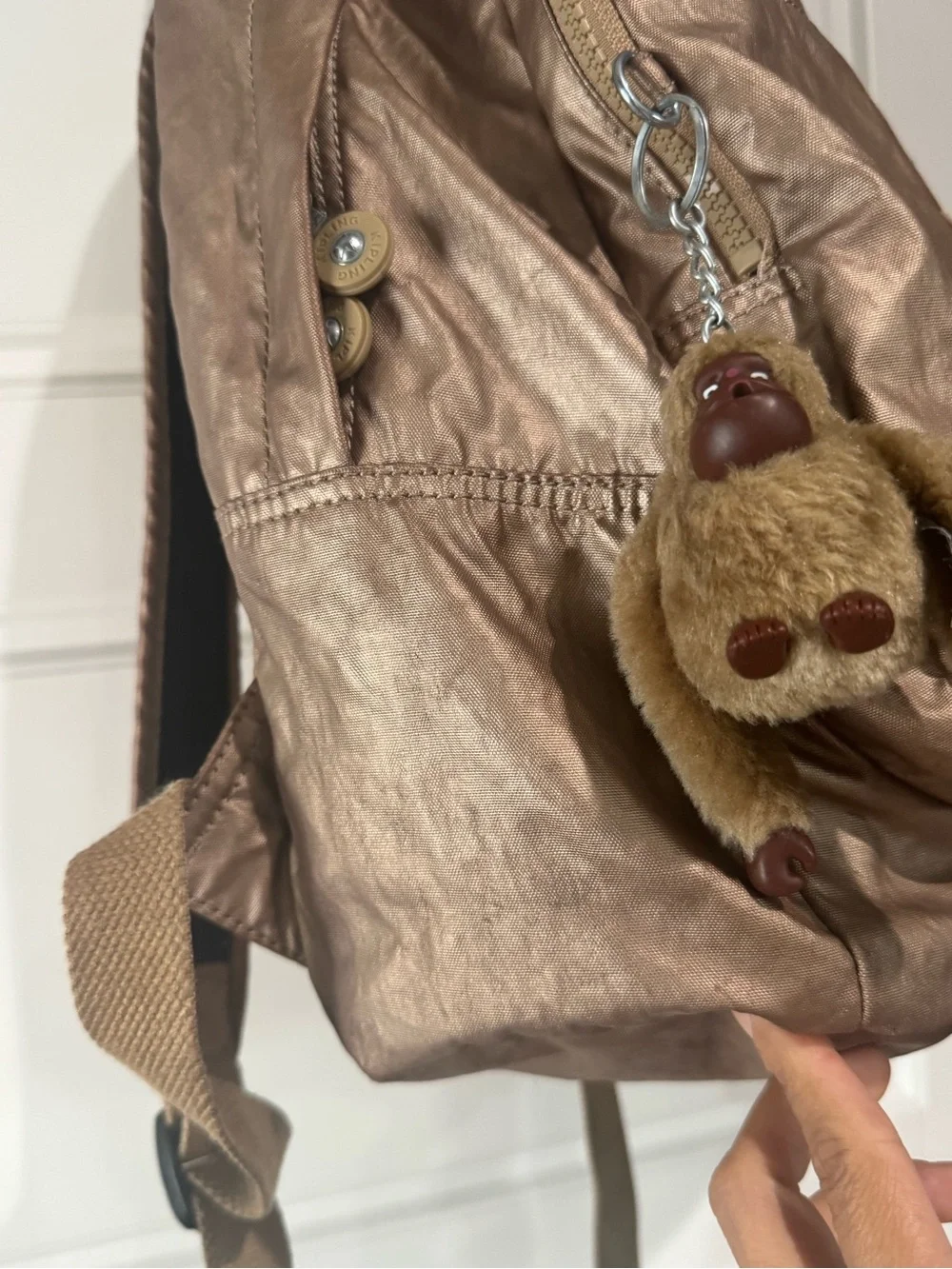 Kipling Metallic Bronze Everyday Backpack with Monkey Charm